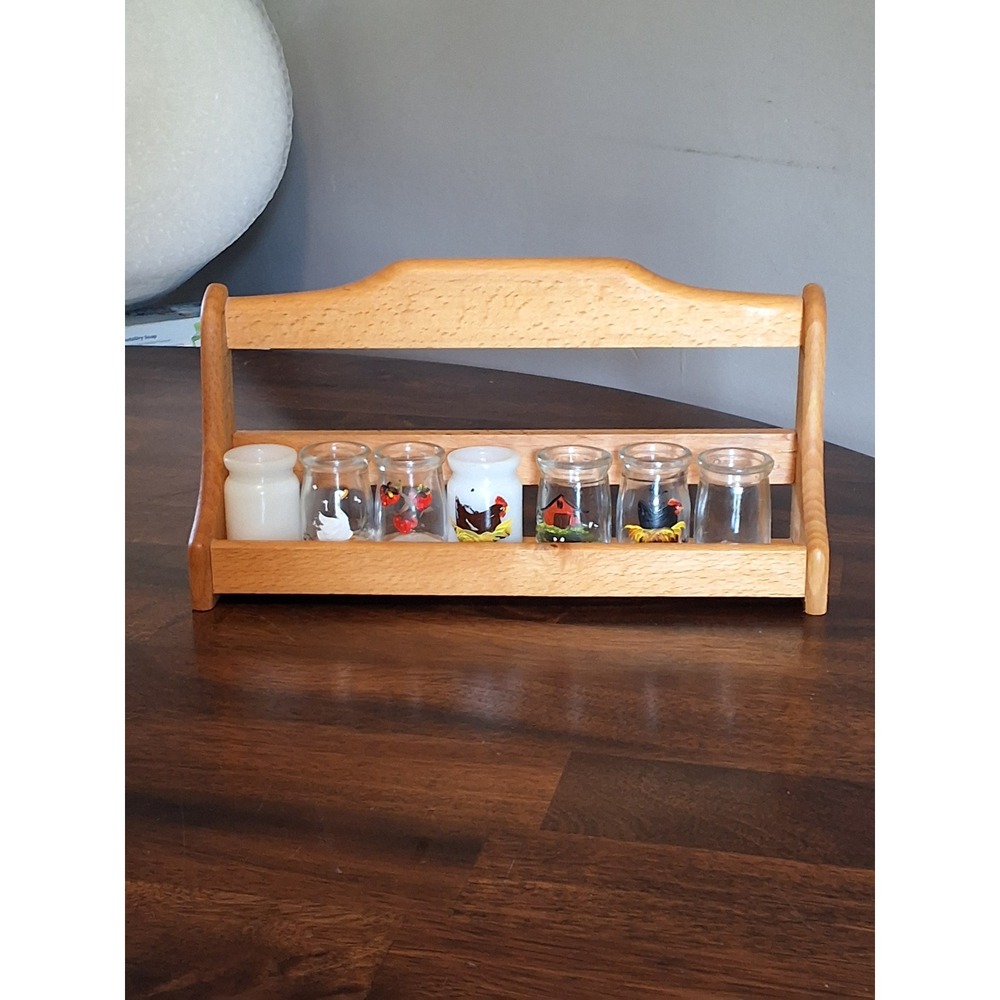 Vintage Wood Spice Rack with 7 Hand Painted Farmhouse Glass Jars Made in Holland